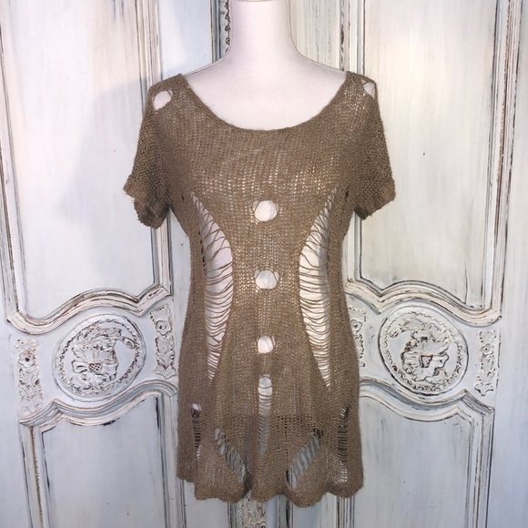 Verty BalletCore Grunge Goth Wimsycore Knit Short Sleeve Taupe Sweater - Picture 1 of 9